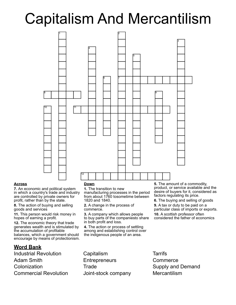 Capitalism And Mercantilism Crossword