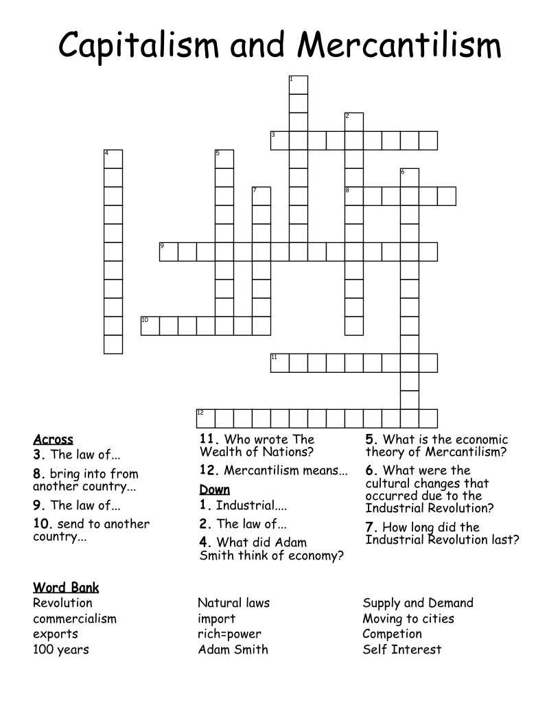 Capitalism and Mercantilism Crossword