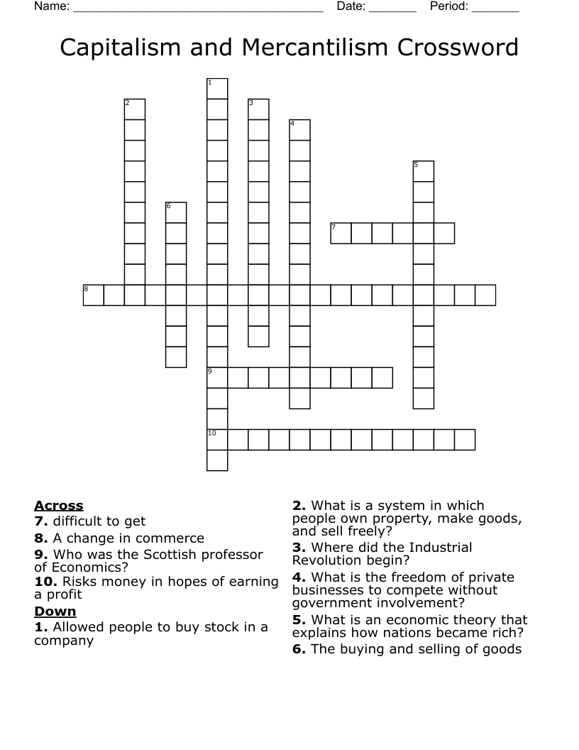 Capitalism and Mercantilism Crossword