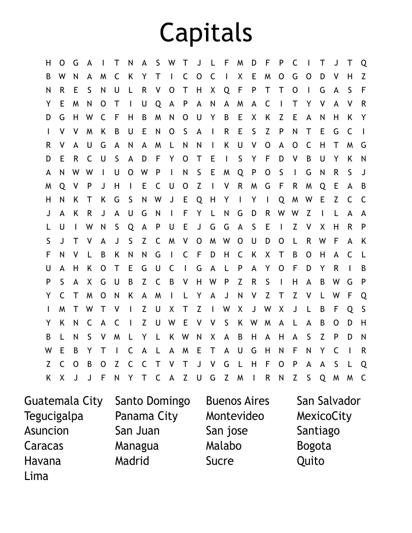 Capitals Word Search
