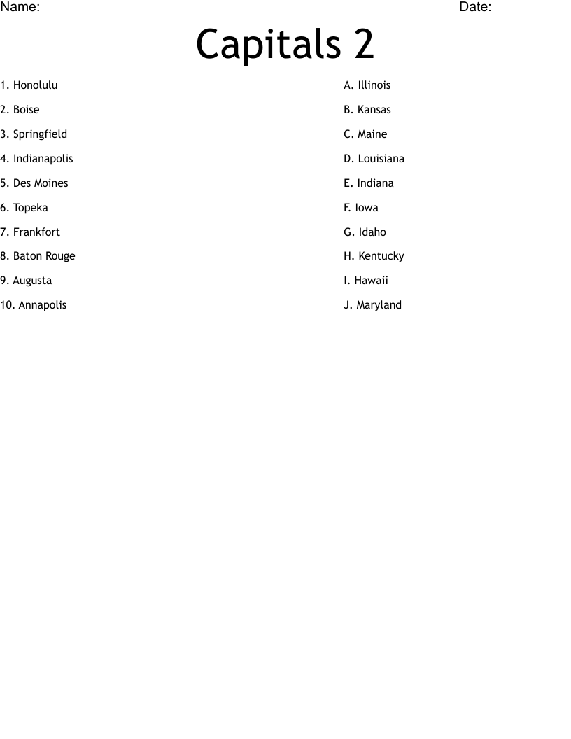 Capitals 2 Worksheet