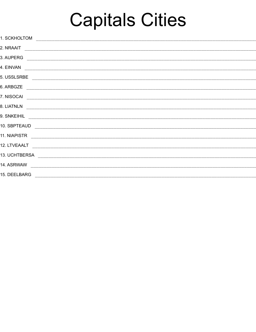 Capitals Cities Word Scramble