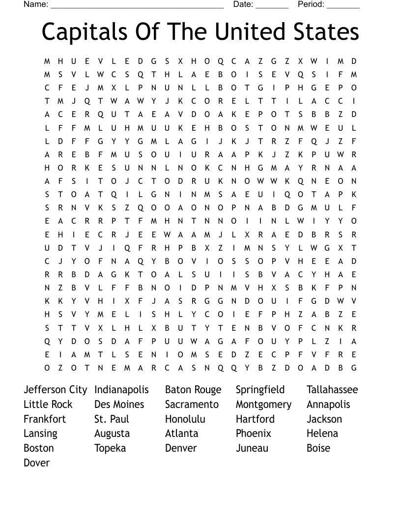 Capitals Of The United States Word Search