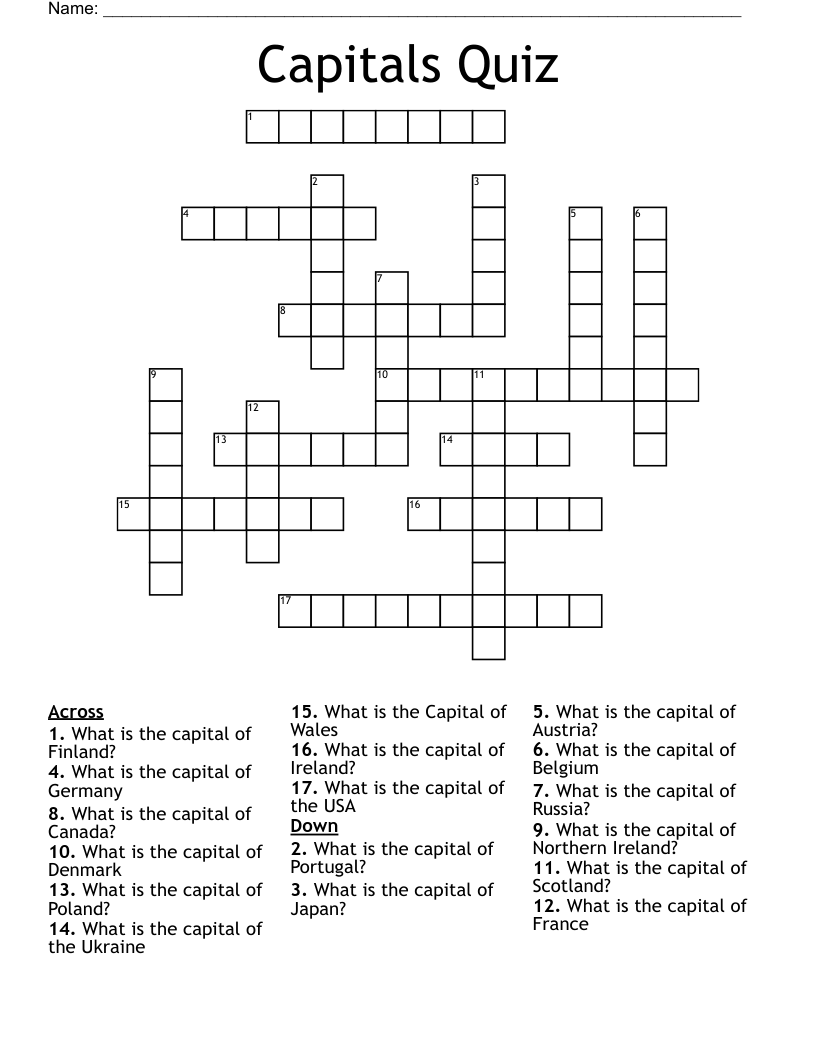 Capitals Quiz Crossword