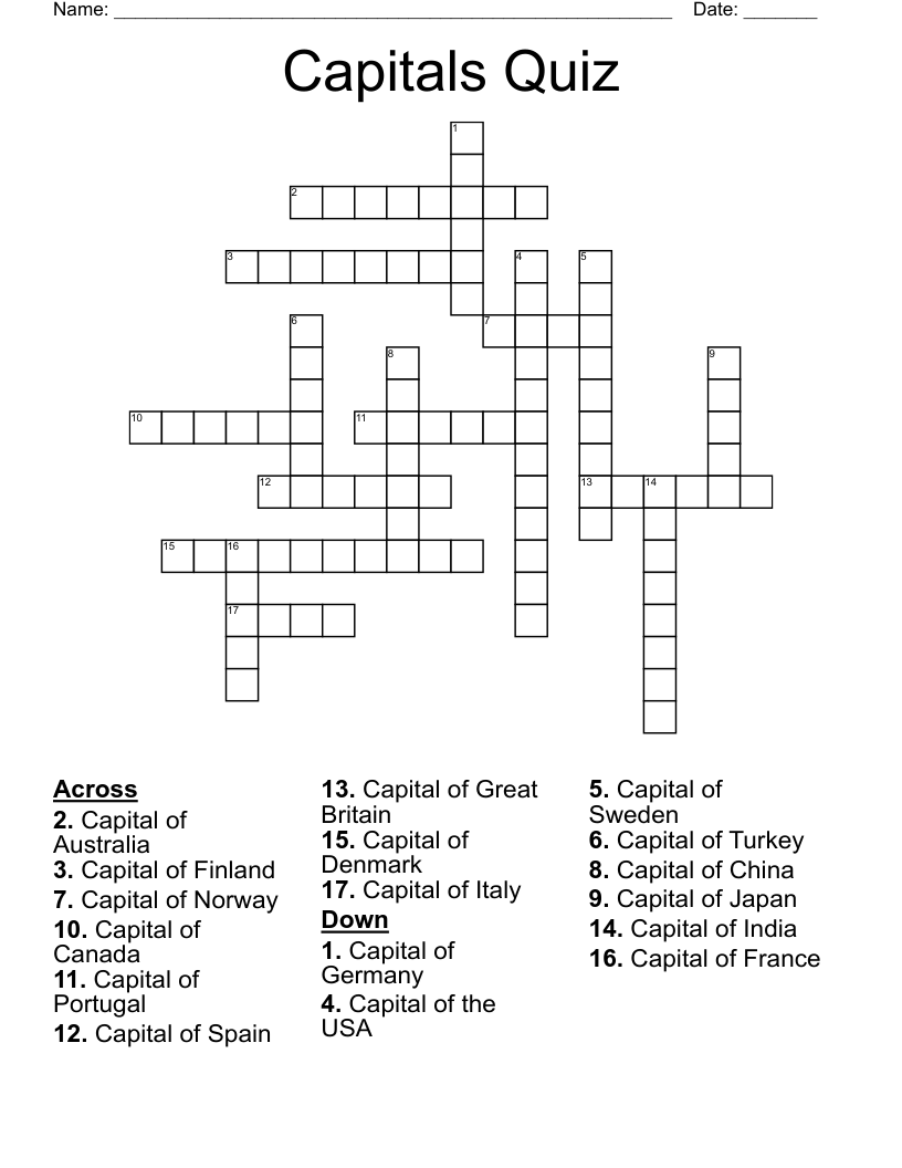 Capitals Quiz Crossword