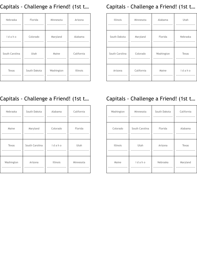 Capitals - Challenge a Friend!  (1st to get a bingo wins)