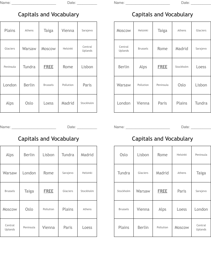 Capitals and Vocabulary  Bingo Cards