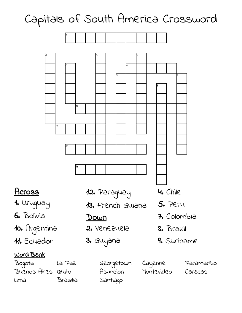 Capitals of South America Crossword