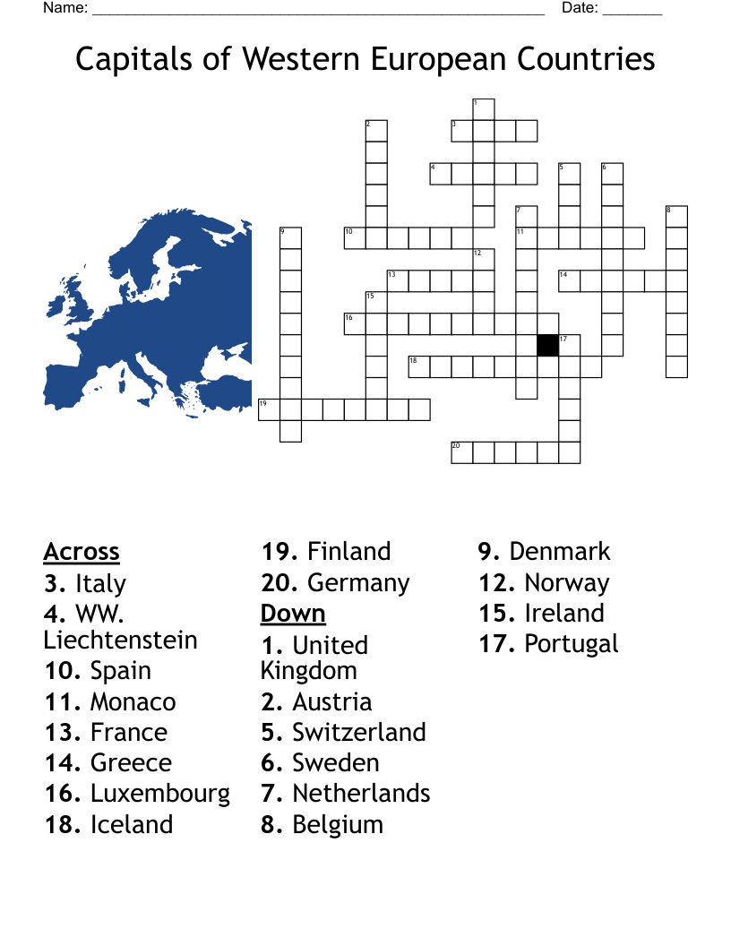 Capitals of Western European Countries Crossword