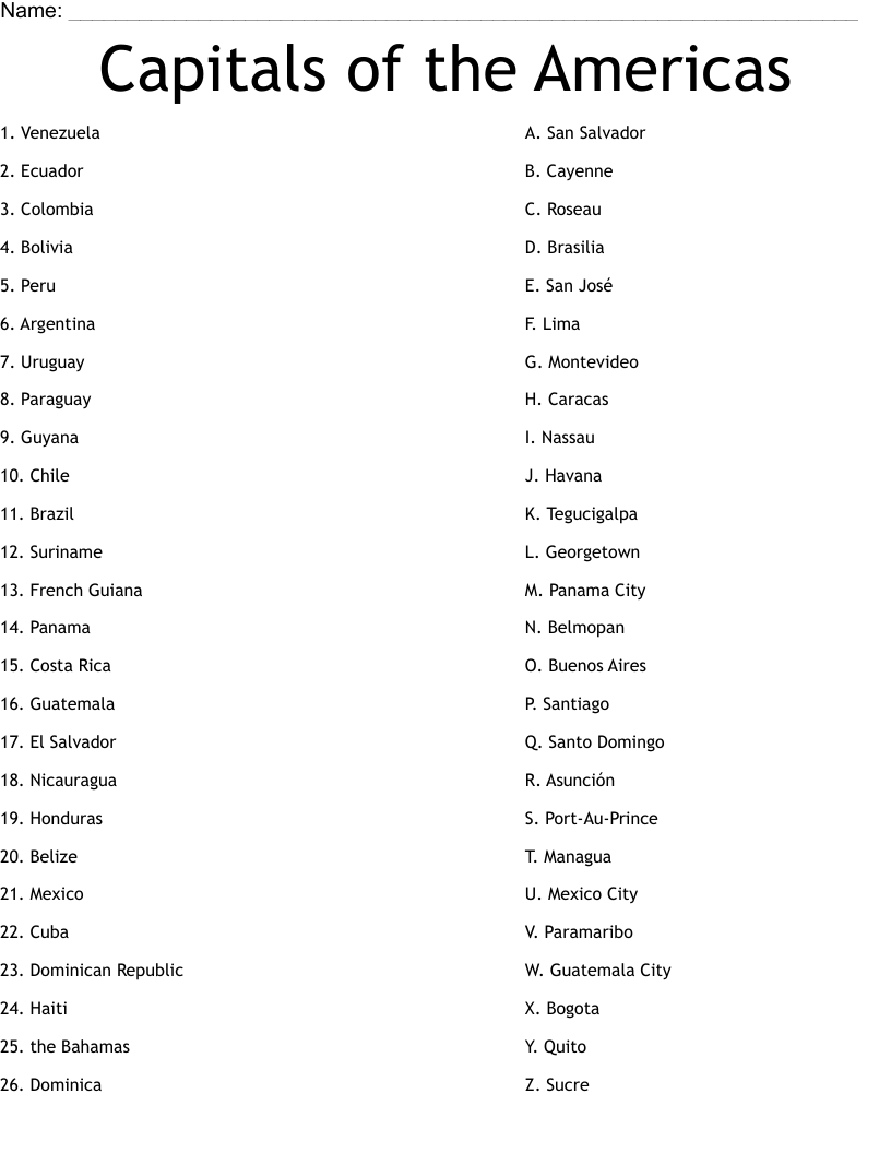 Capitals of the Americas Worksheet