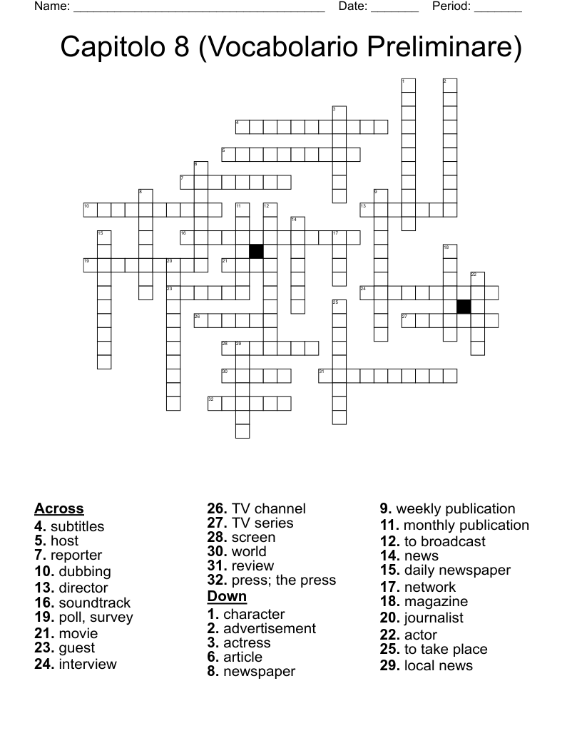 Capitolo 8 (Vocabolario Preliminare) Crossword