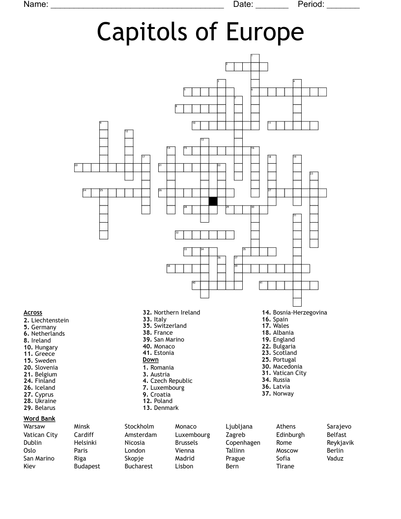 Capitols of Europe Crossword