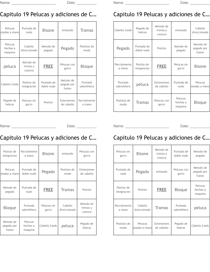 Capitulo 19 Pelucas y adiciones de Cabello Bingo Cards
