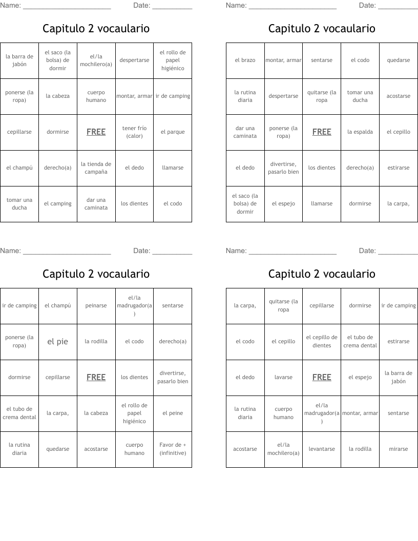 Capitulo 2 vocaulario Bingo Cards