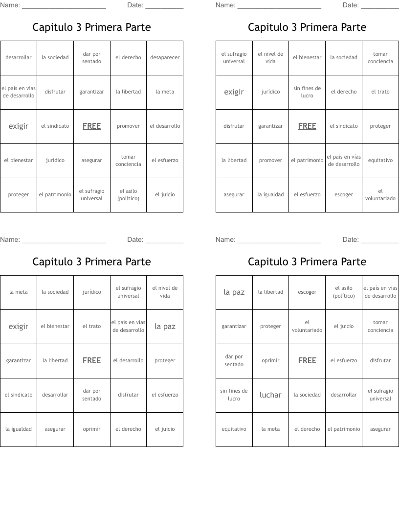 Capitulo 3 Primera Parte Bingo Cards