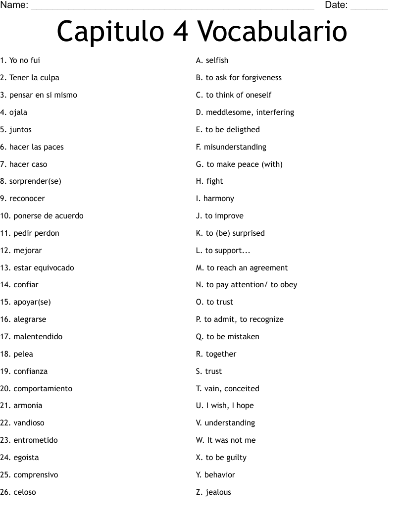 Capitulo 4 Vocabulario Worksheet