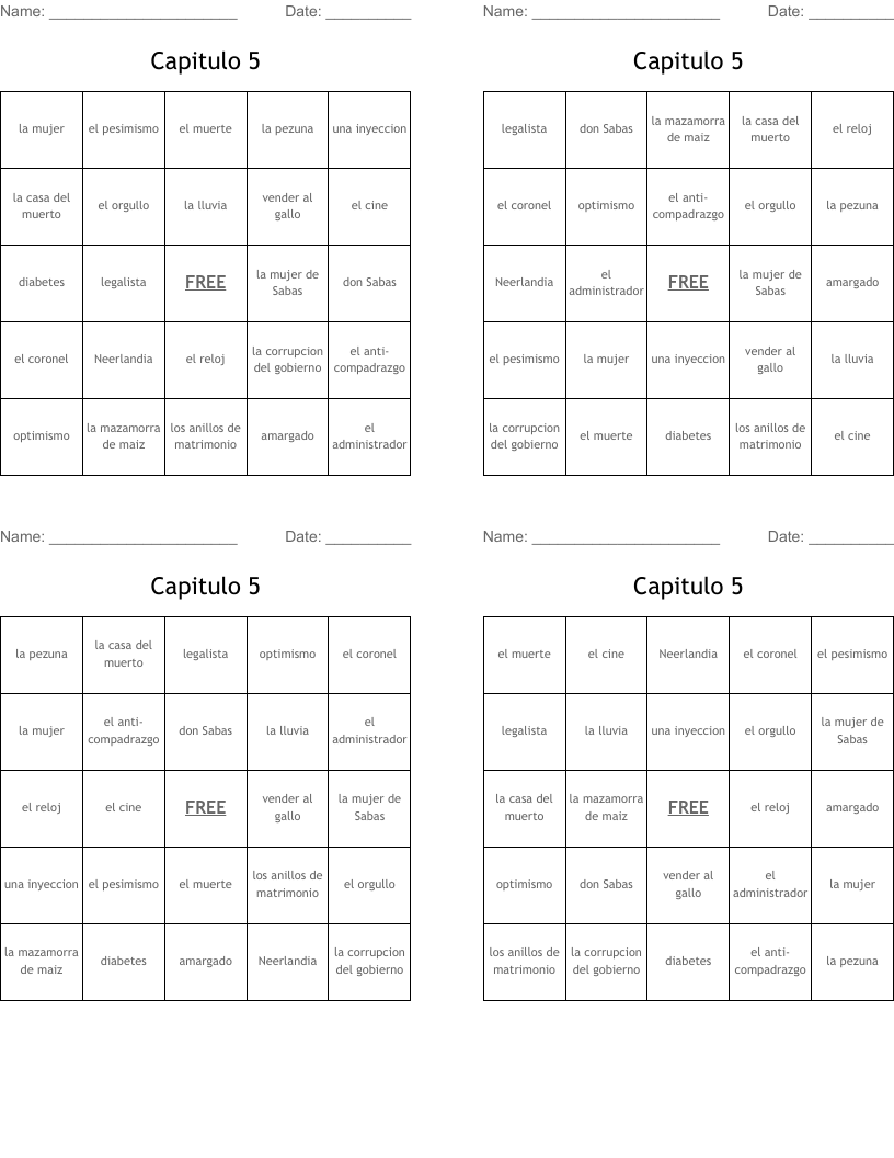 Capitulo 5 Bingo Cards
