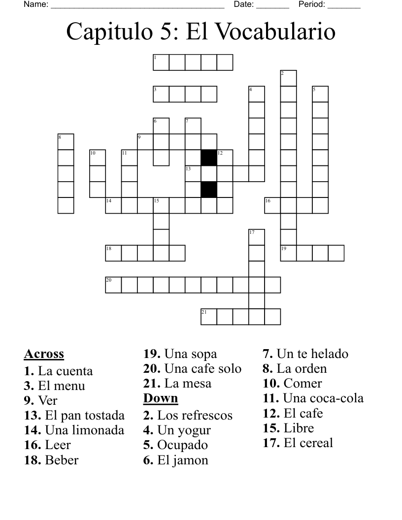 Capitulo 5: El Vocabulario Crossword