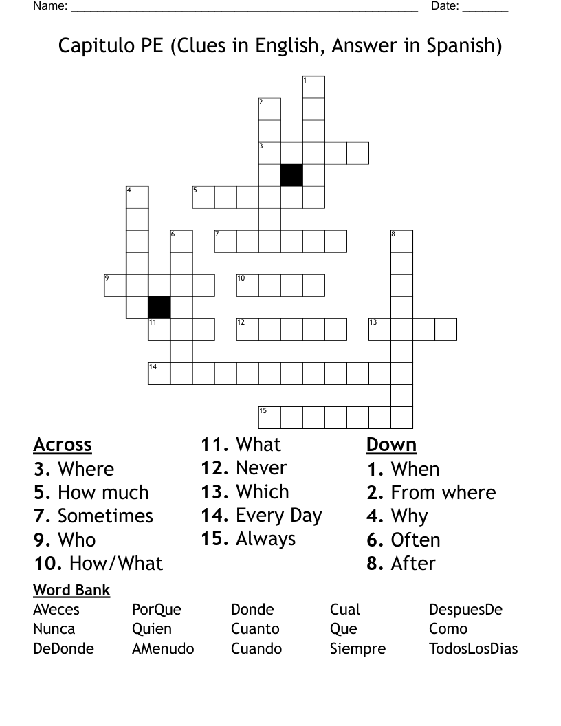 Capitulo PE (Clues in English, Answer in Spanish) Crossword