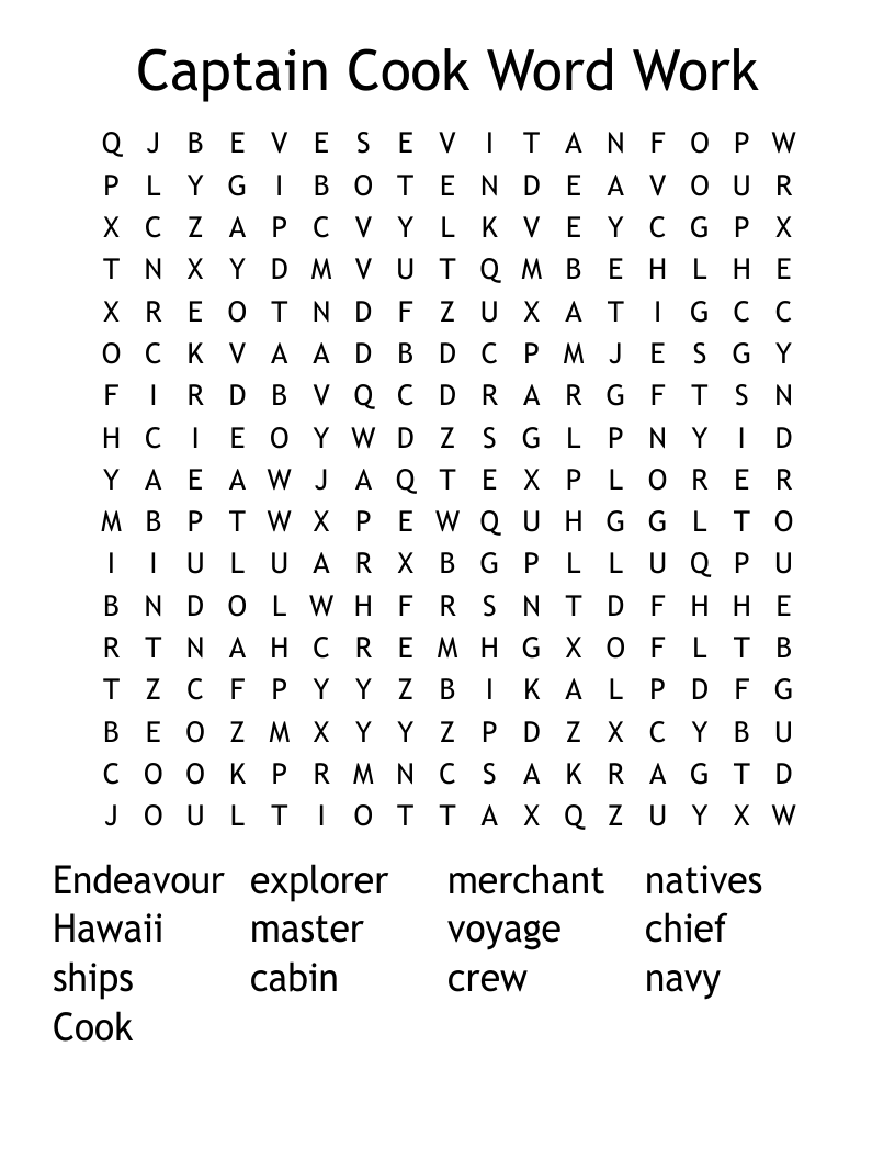 Captain Cook   Word Work Word Search