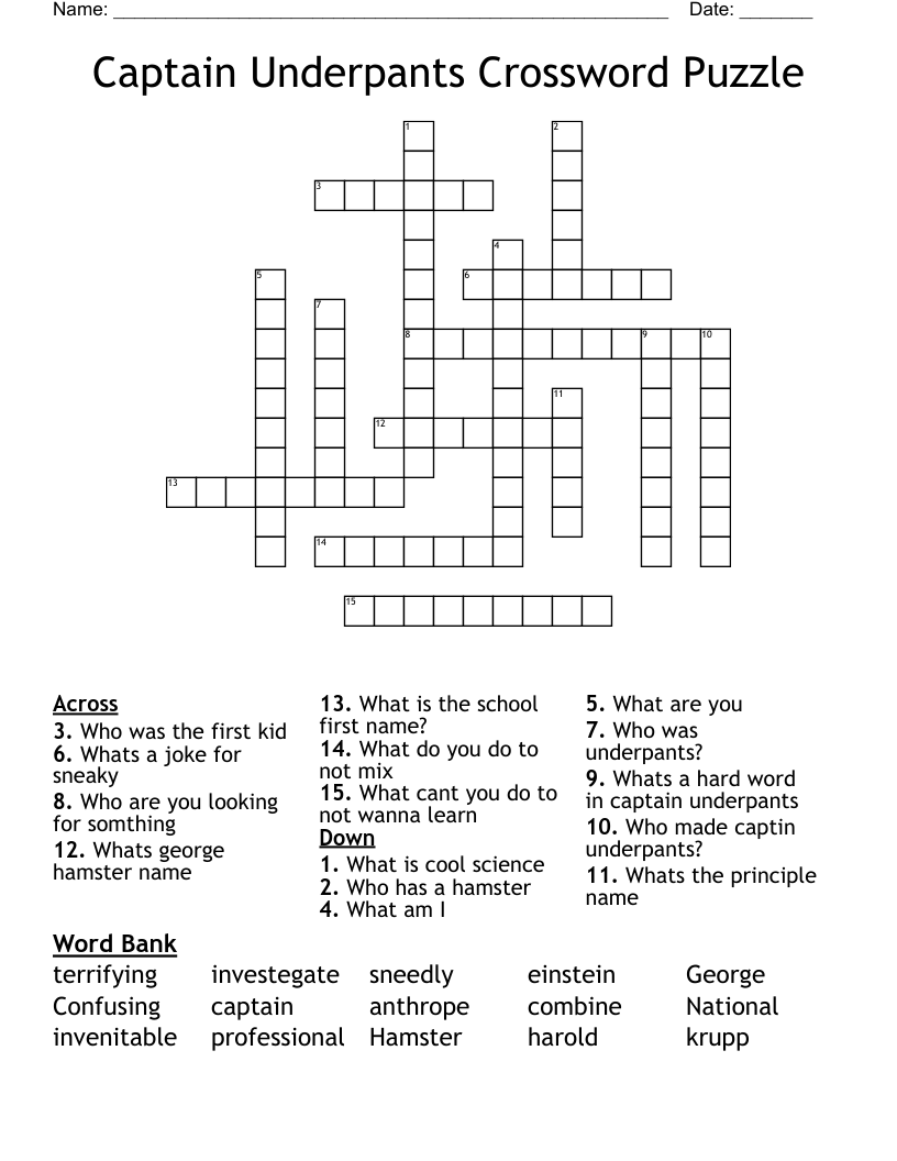 Captain Underpants Crossword Puzzle