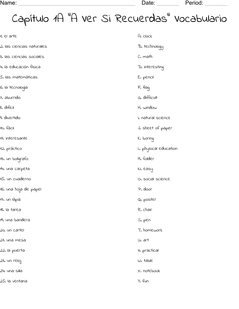 Capítulo 1A "A Ver Si Recuerdas" Vocabulario Worksheet