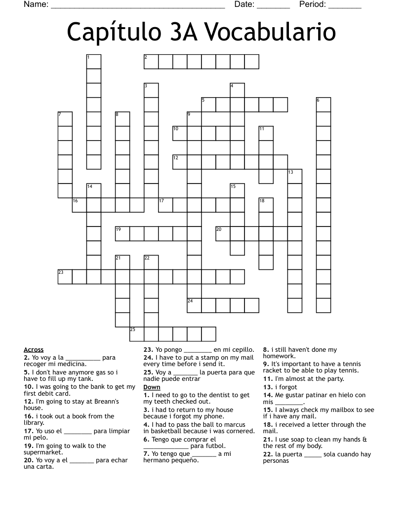 Capítulo 3A Vocabulario Crossword