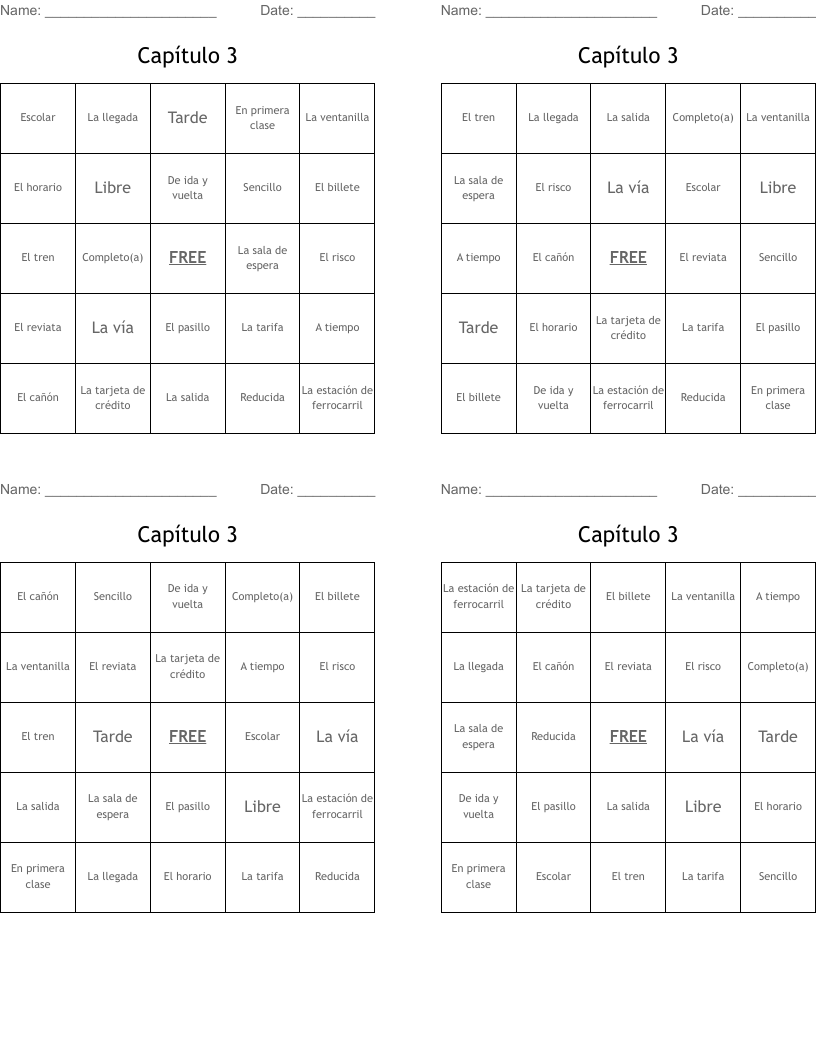 Capítulo 3 Bingo Cards