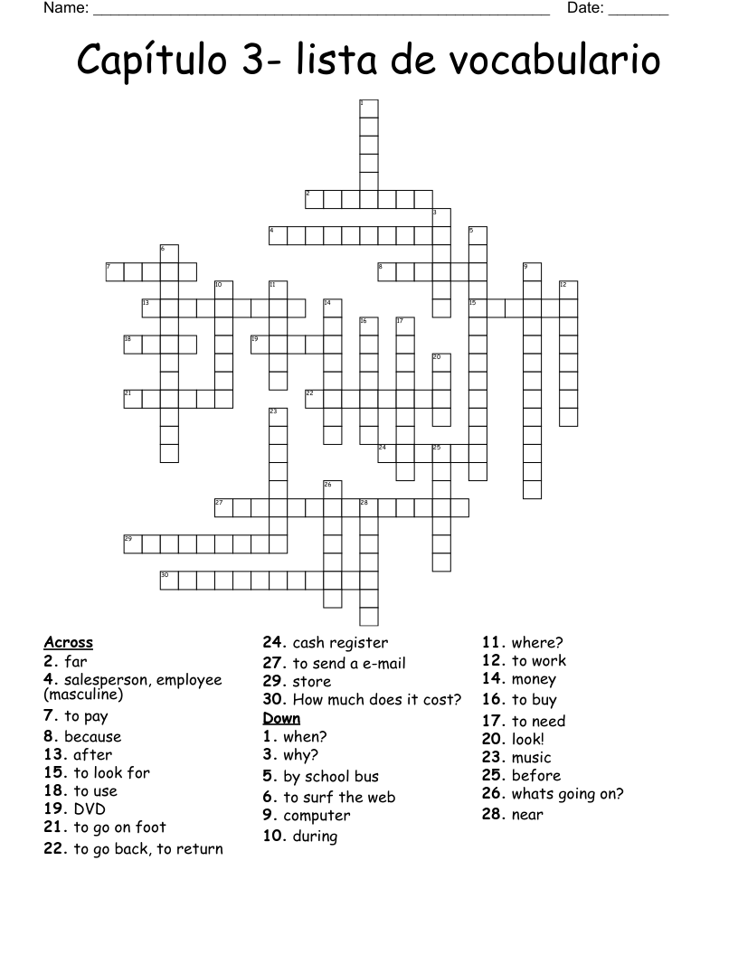Capítulo 3- lista de vocabulario Crossword