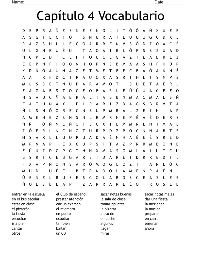 Capítulo 4 Vocabulario Word Search