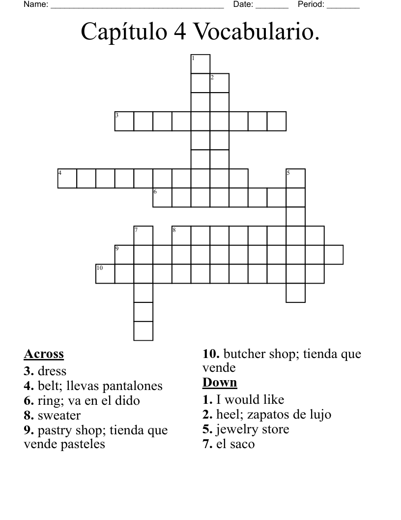 Capítulo 4 Vocabulario. Crossword
