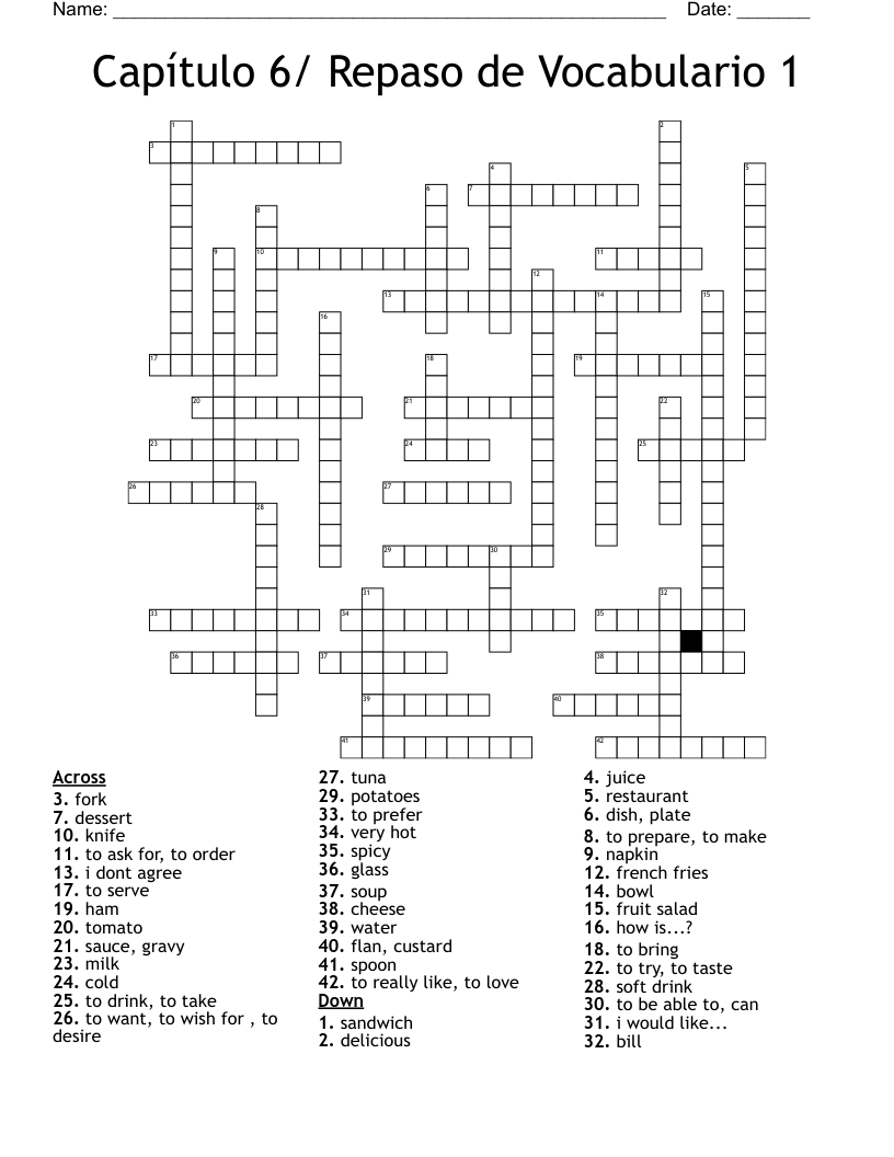 Capítulo 6/ Repaso de Vocabulario 1 Crossword