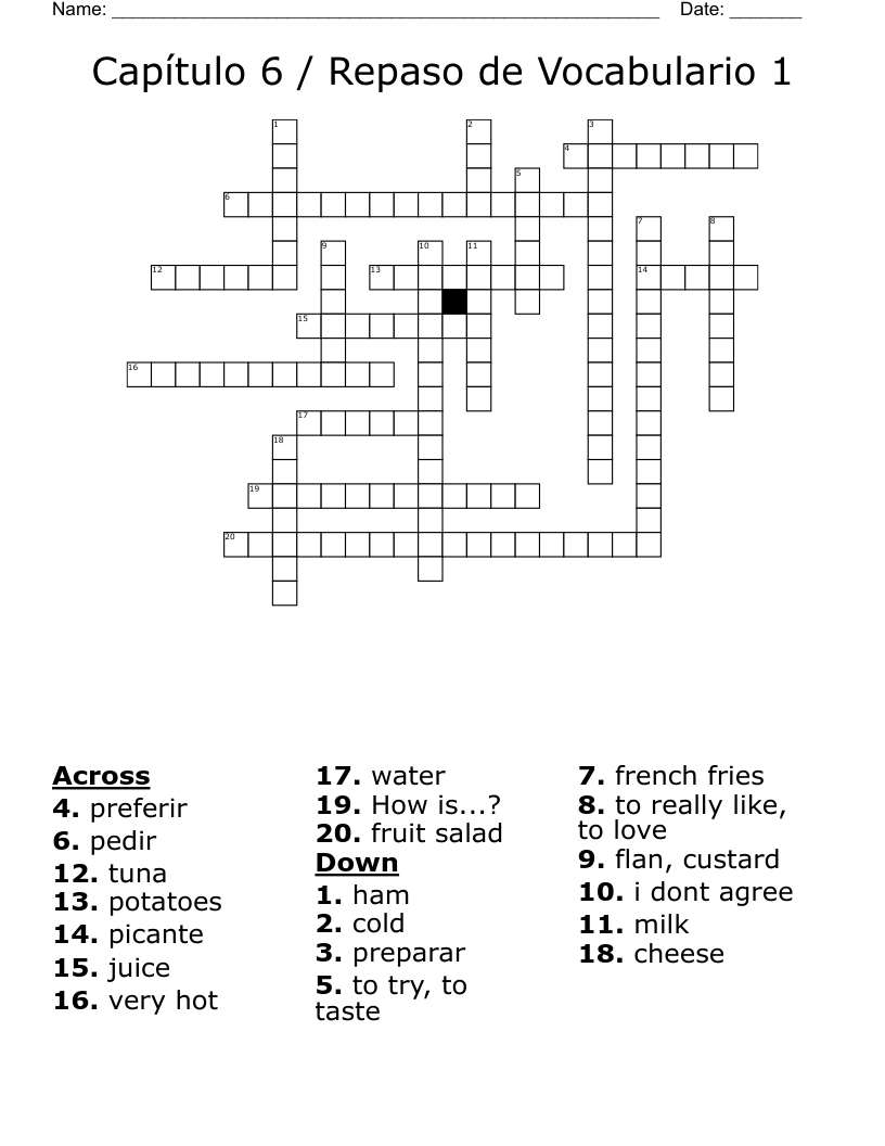 Capítulo 6 / Repaso de Vocabulario 1 Crossword