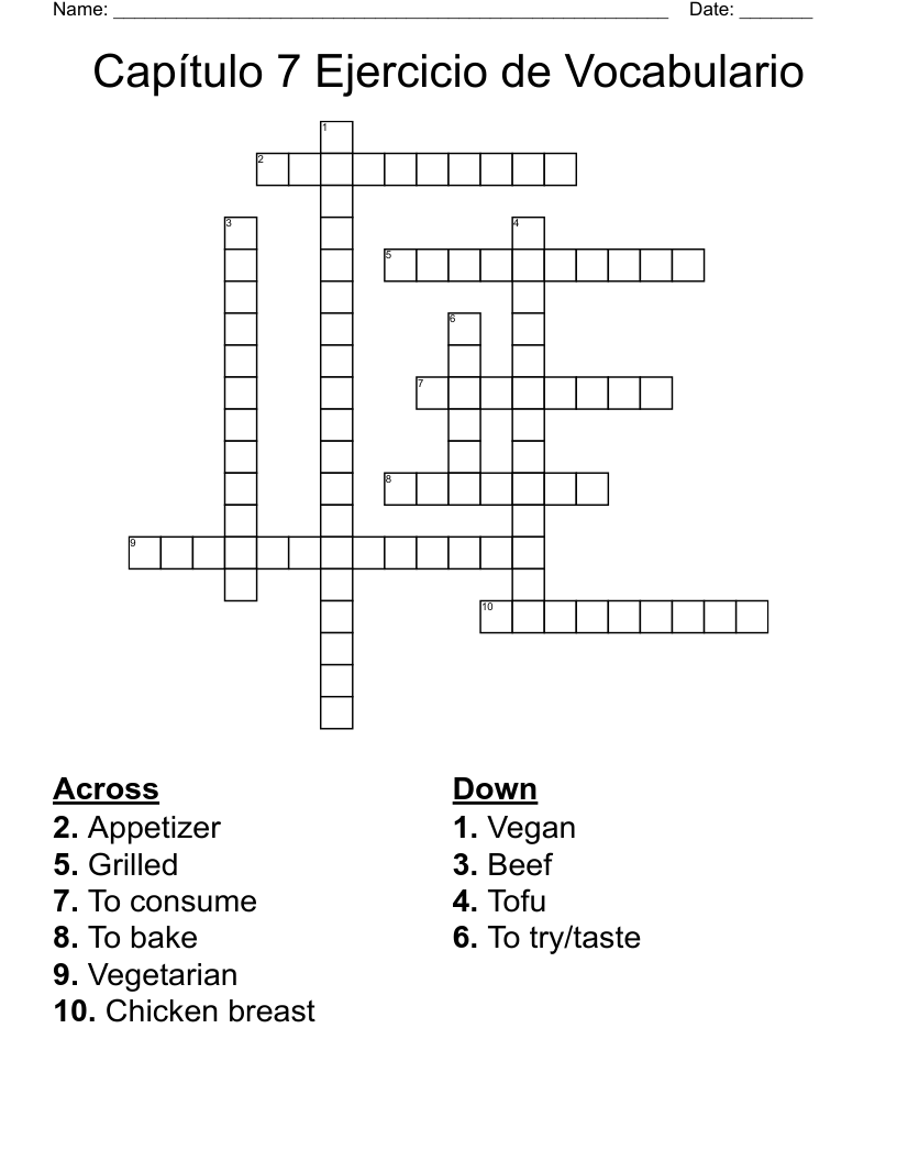Capítulo 7 Ejercicio de Vocabulario Crossword