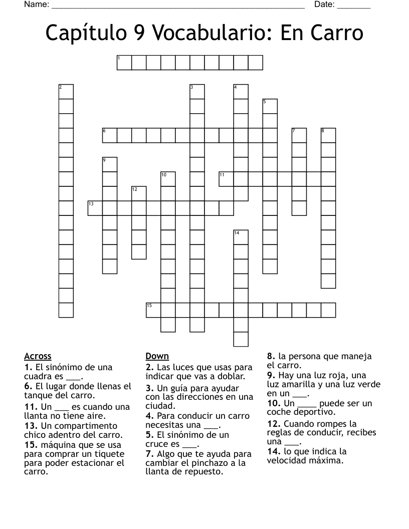 Capítulo 9 Vocabulario: En Carro  Crossword