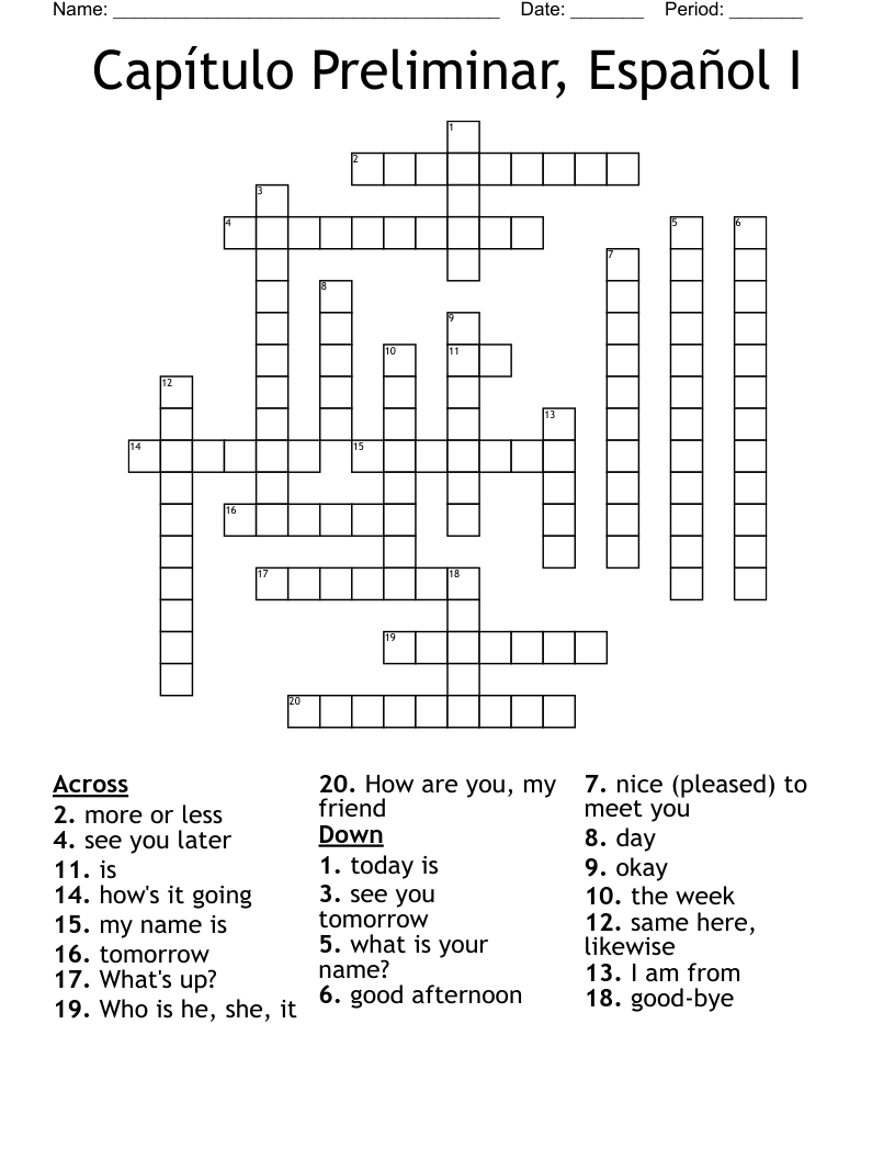 Capítulo Preliminar, Español I Crossword