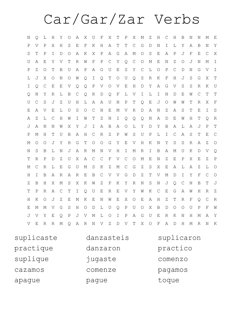 Car/Gar/Zar Verbs Word Search