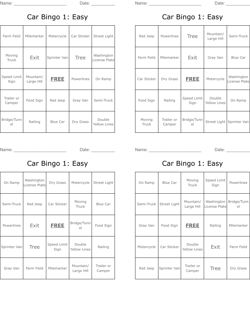 Car Bingo 1: Easy