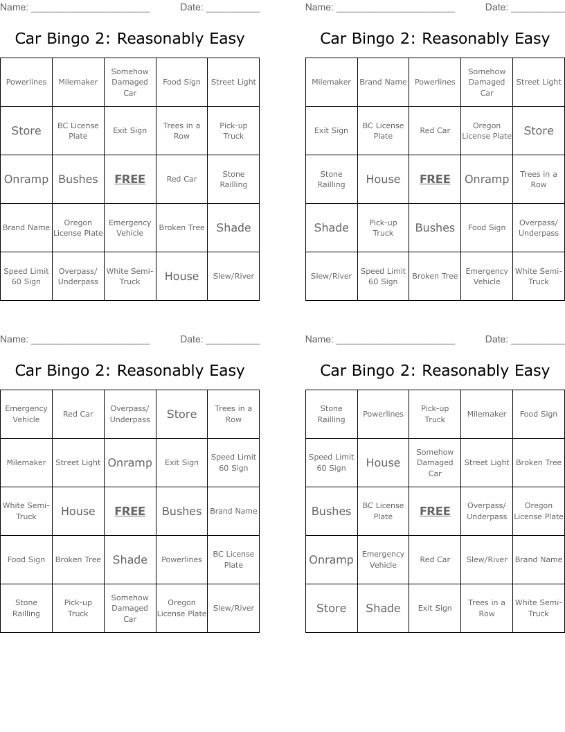 Car Bingo 2: Reasonably Easy