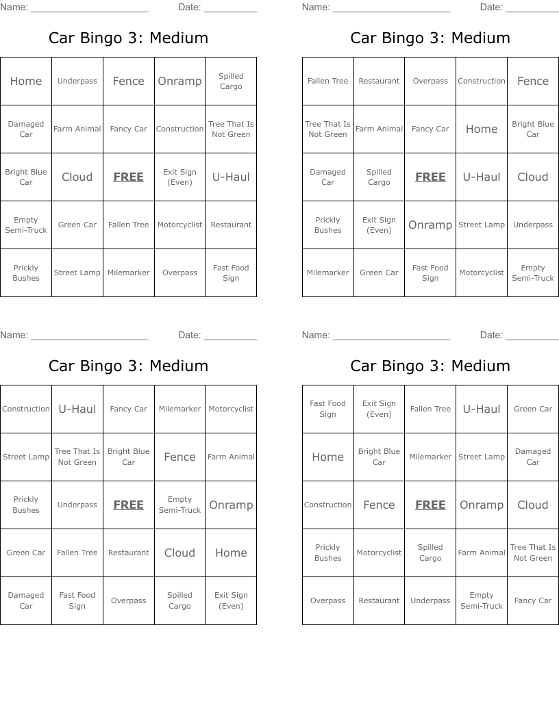 Car Bingo 3: Medium