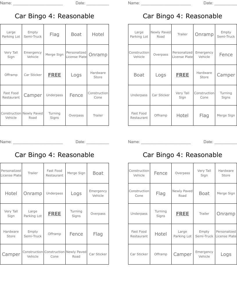 Car Bingo 4: Reasonable