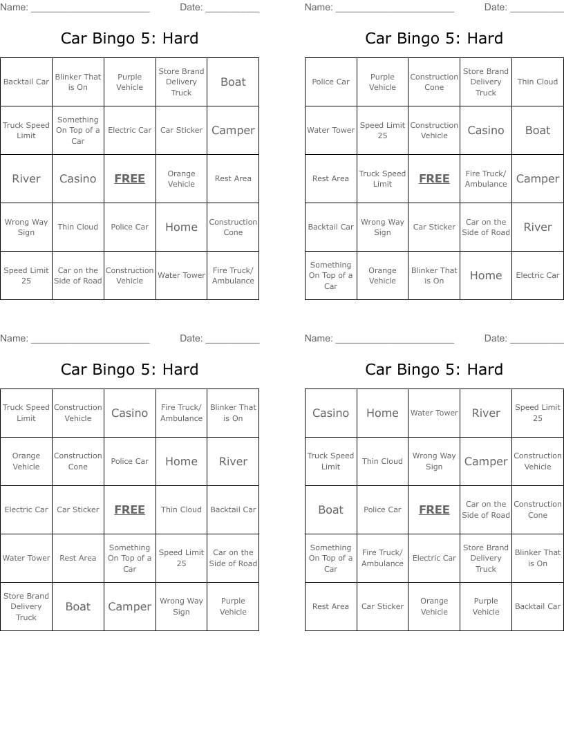 Car Bingo 5: Hard