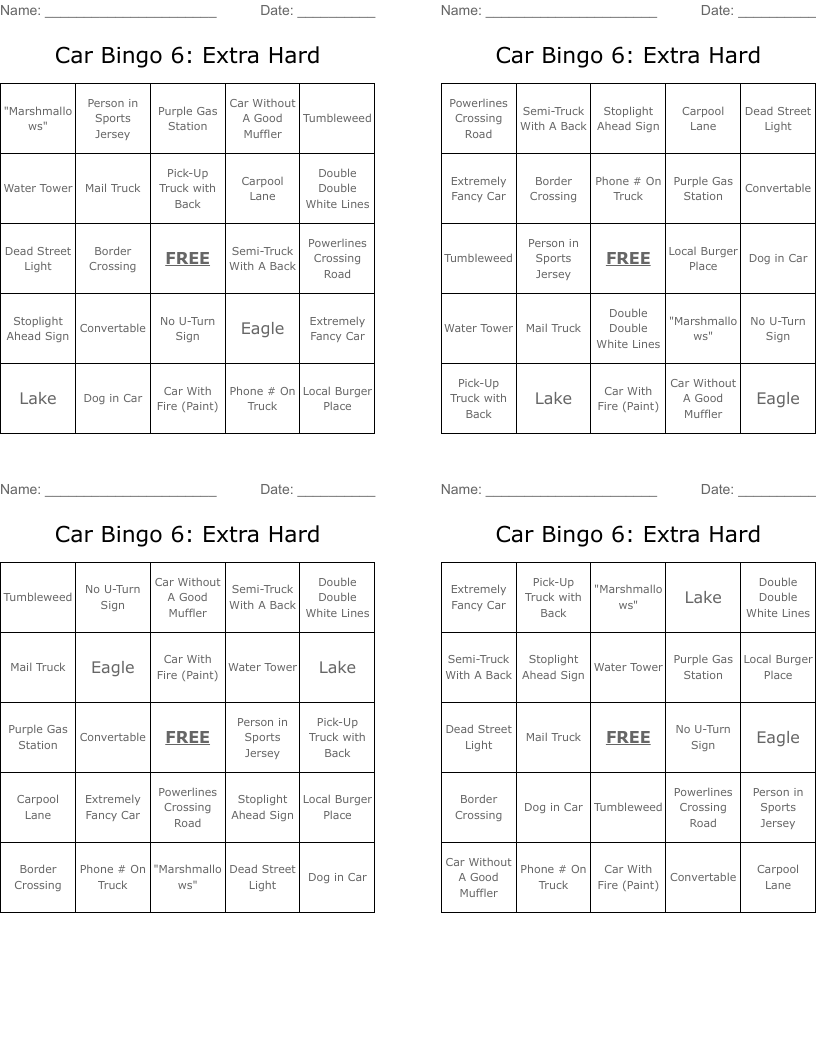 Car Bingo 6: Extra Hard