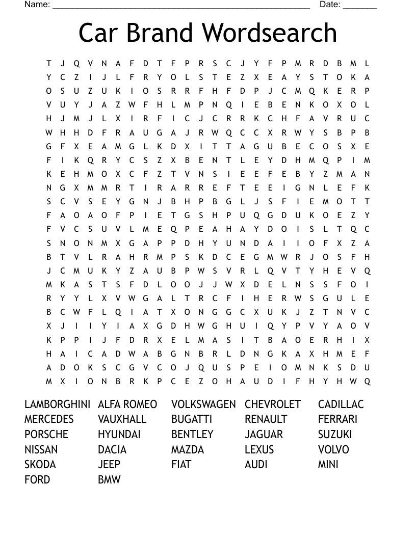 Car Brand Wordsearch