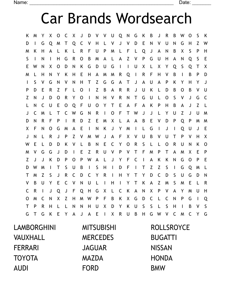 Car Brands Wordsearch