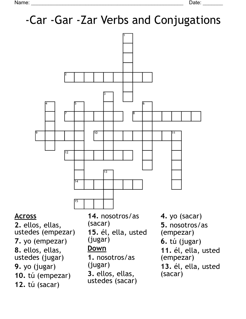 -Car -Gar -Zar Verbs and Conjugations Crossword