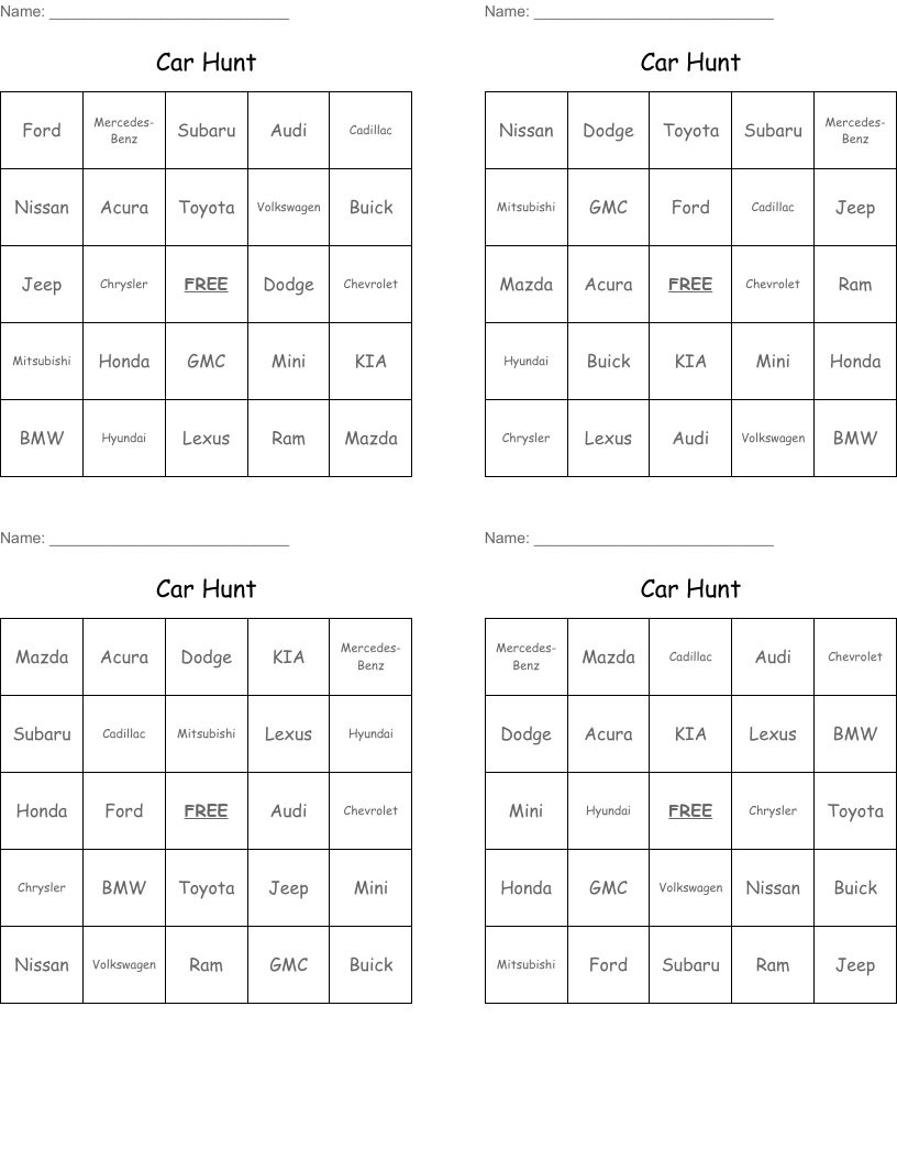 Car Hunt Bingo Cards