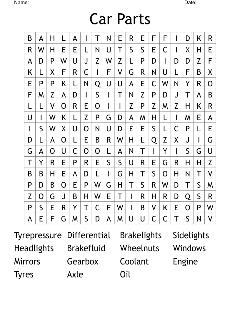 Car Parts Word Search