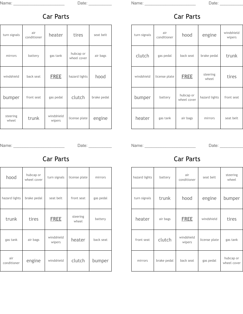Car Parts Bingo Cards