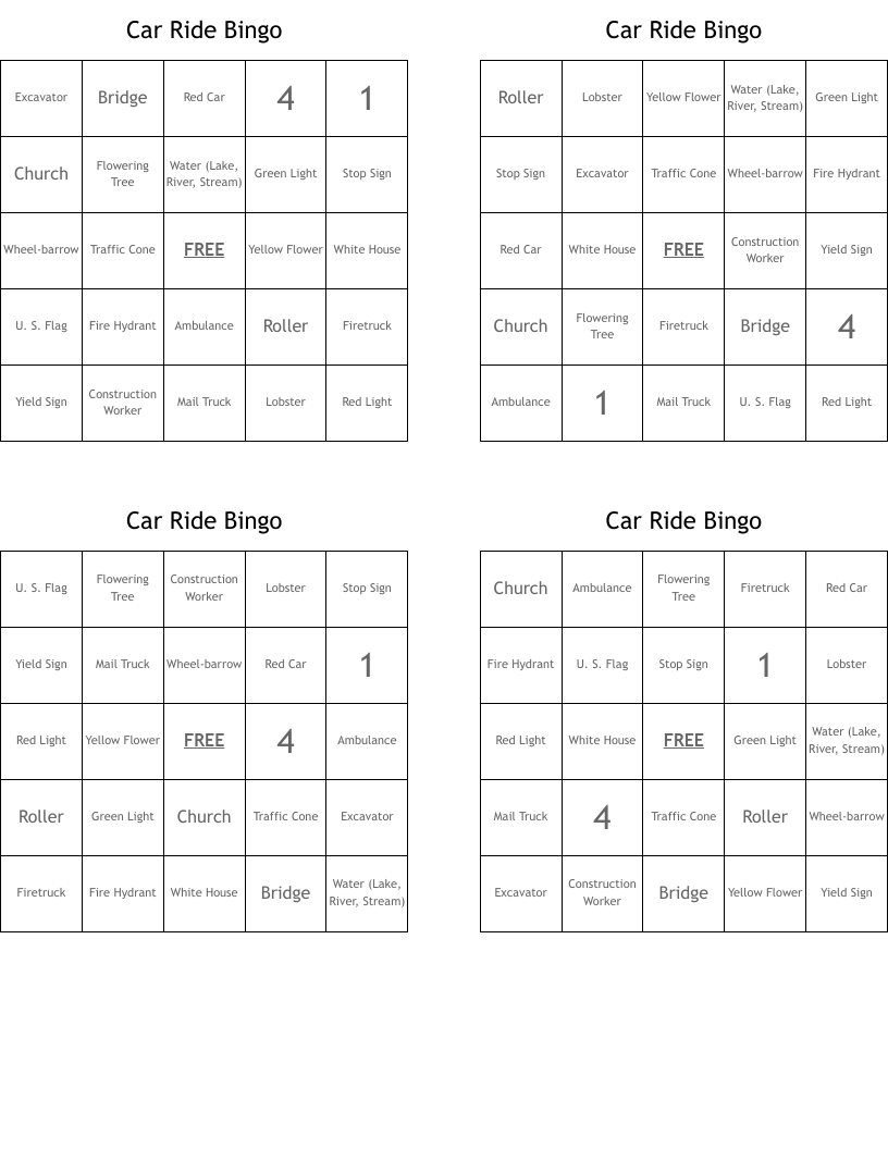 Car Ride Bingo
